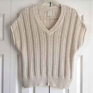 Joie Open Knit Sweater Vest Small Beige Pointelle Boho V-Neck Short Sleeve